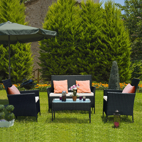 Costway 4 PCS Patio Rattan Wicker Furniture Set Loveseat Sofa Cushioned Outdoor Garden Yard