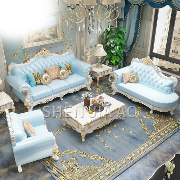 European Leather Sofa Luxury Solid Carved Sofa Living Room Solid Carved Combination Furniture Leather Sofa 1PC