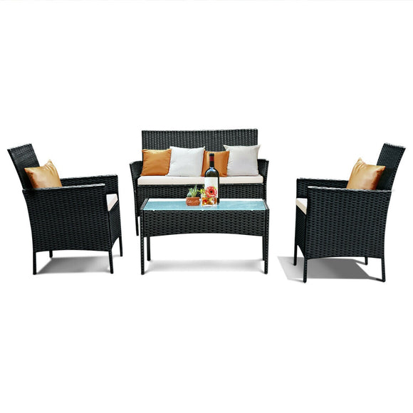 Costway 4 PC Outdoor Rattan Furniture Set Loveseat Sofa Cushioned Patio Garden Steel
