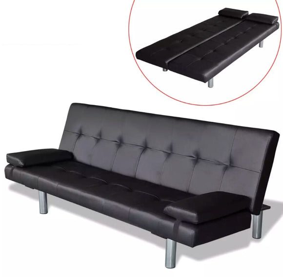 vidaXL Adjustable sofa bed with 2 pillows BlackSynthetic Leather And Wooden Frame Sturdy Living Room L-Shaped Sofa