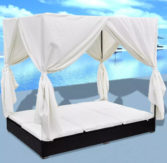 VidaXL Chaise Longue With Curtains Black Braided Resin Waterproof And Resistant To Weather Outdoor Longue With Curtains