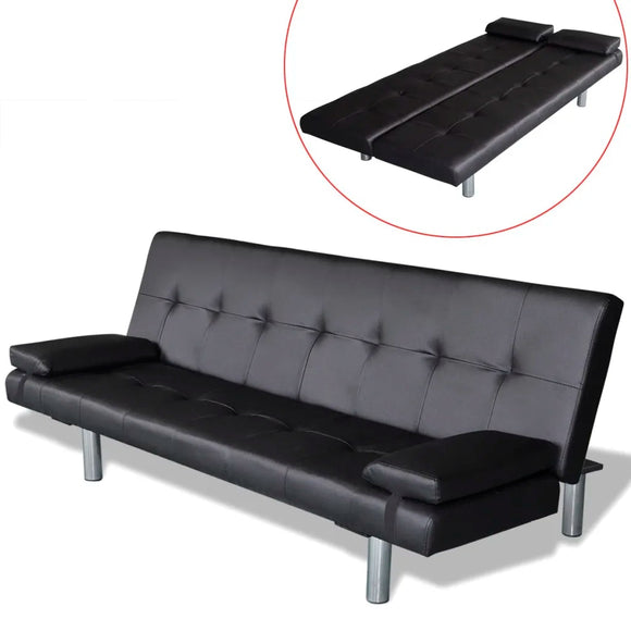 Adjustable Sofa Bed with Two Pillows Synthetic Leather Black Sofa for Living room Bedroom Modern Sofa for Office Simple New