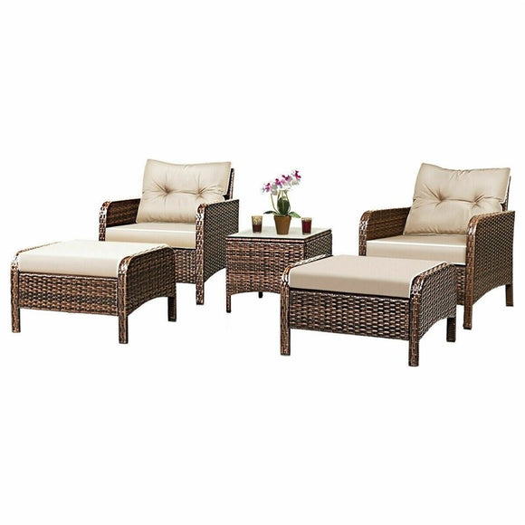 COSTWAY Outdoor Garden 5pcs/Set Patio Chairs Table Rattan Sofa Ottoman Furniture Set With Cushions HW54520
