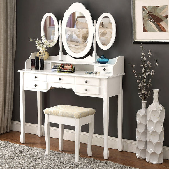 LANGRIA Makeup Dressing Table Vanity and Stool Set with 3 Adjustable Oval Mirrors 7 Drawers and Curved Solid Rubberwood Legs