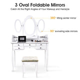 LANGRIA Makeup Dressing Table Vanity and Stool Set with 3 Adjustable Oval Mirrors 7 Drawers and Curved Solid Rubberwood Legs