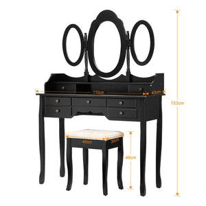LANGRIA Makeup Dressing Table Vanity and Stool Set with 3 Adjustable Oval Mirrors 7 Drawers and Curved Solid Rubberwood Legs