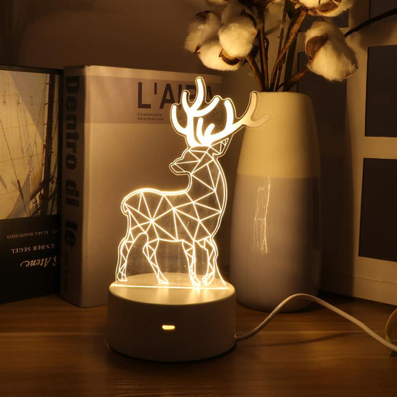 3D LED Sika Deer Night Light Christmas Gift Table Decorative Lamp For Bedroom Kids Room (USB Button Monochrome, Warm Light)