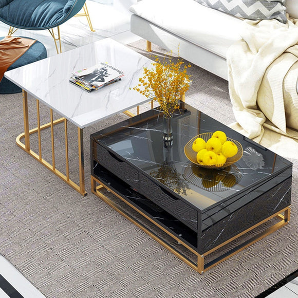 Marble Texture Top Tea Table Small Light Luxury Black White Gold Stell Table Square Rectangle Gorgeous High Level Living Room So