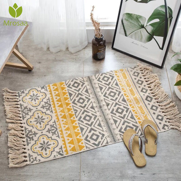 2019New Retro Bohemian Hand Woven Cotton Linen Carpet Rug  Bedside Rug Geometric Floor Mat Living Room Bedroom Carpet Home Decor