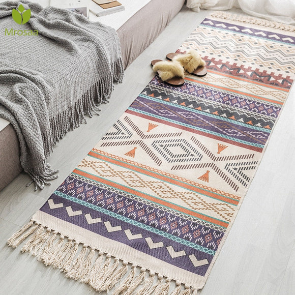 Hot Retro Bohemian Hand Woven Cotton Linen Carpet Tassel Rug Geometric Floor Mat Bedroom Tapestry Decorative Blanket Area Rug
