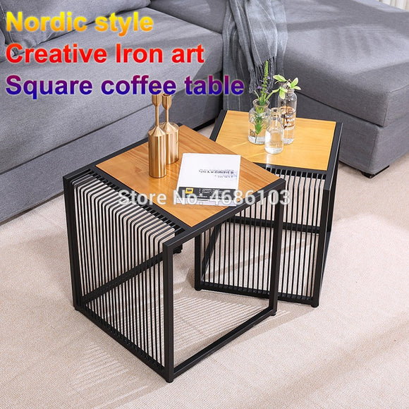 creative idea Combination of iron tea table Nordic corner table simple Pine wood Desktop square table for living room/bedroom