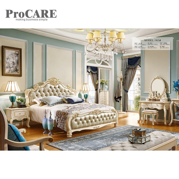 The newest european leather wooden king size bed carved design with drawer - 905