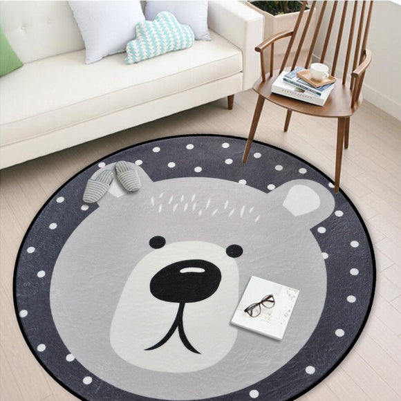 White Grey Cartoon Animals Bear Fox Panda Round Tapete For Living Room Bedroom Home Decor Carpet Rug Children Kids Soft Play Mat