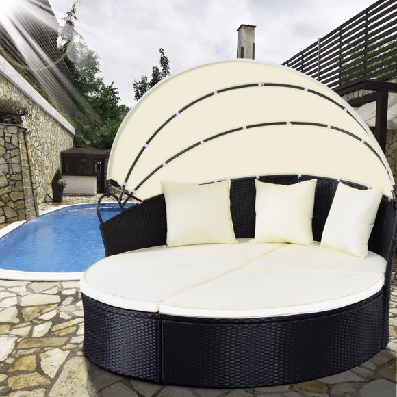 Giantex Outdoor Patio Sofa Furniture Round Retractable Canopy Daybed Black Wicker Rattan Outdoor Furniture  HW51820+