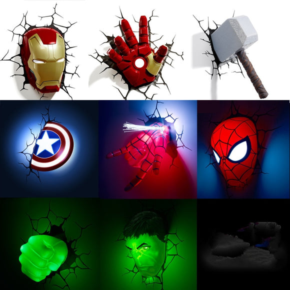 Marvel avengers LED wall lamp bedroom living room 3D creative Light Ironman for Spiderman Hulk Deadpool Captain American Quake