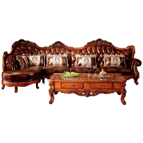 luxury classic antique European style living room furniture L shape solid wood leather corner sofa set